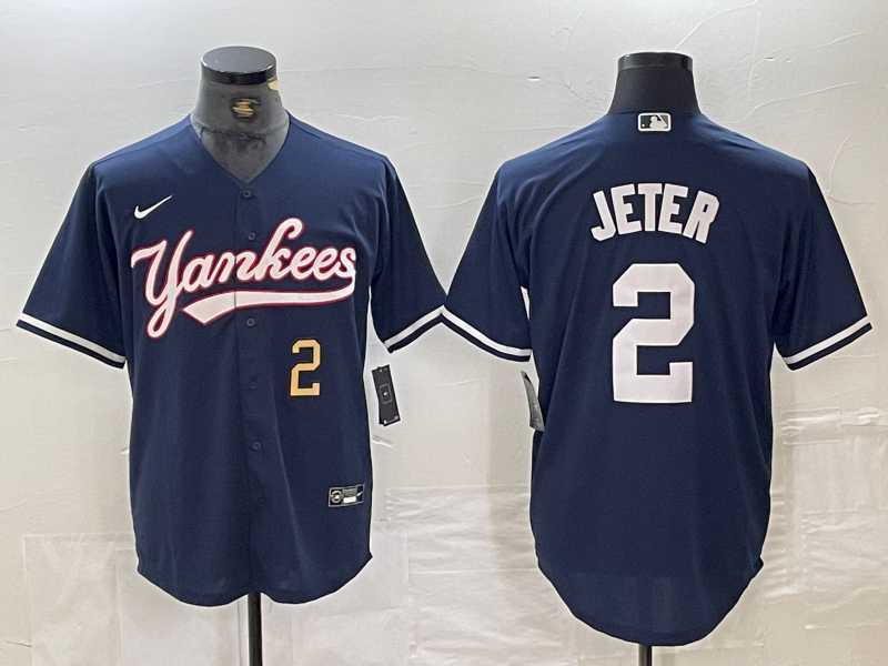 Men%27s New York Yankees #2 Derek Jeter Number Navy Cool Base Stitched Baseball Jersey